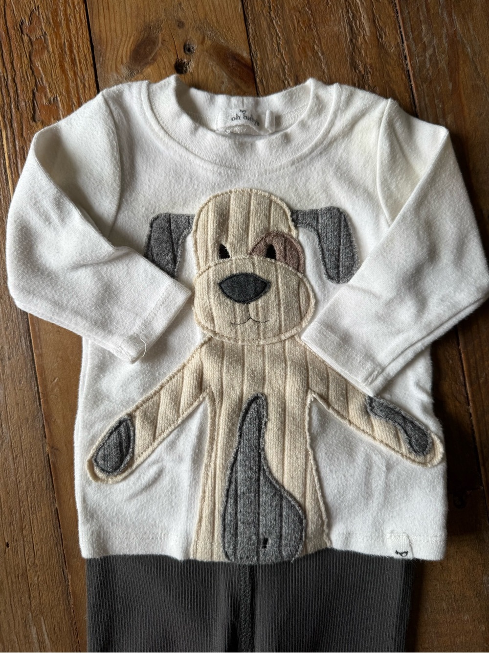 Baby Sweater with Puppy Applique - Cream & Gray